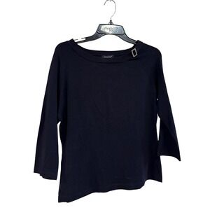 By Design Petite Black Knit Sweater Rhinestone Buckle Boat Neck 3/4 Sleeve PL